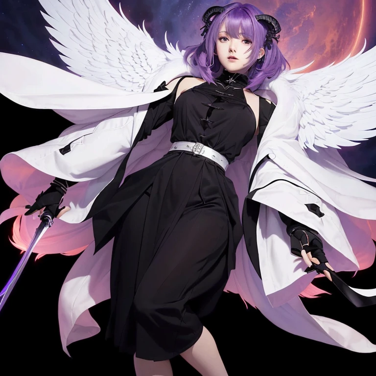 A 25-year-old woman with purple hair and wings, dressed in black., Official Art, ufotable art style, Demon Slayer Louis Fan Art, Official character art, whole body白紫色のマント, Detailed Anime Character Art, Lostland Style, Best 8K Konachan Wallpaper, whole body, Angle from below, Official Artwork, High-quality art style, Official Fan Art