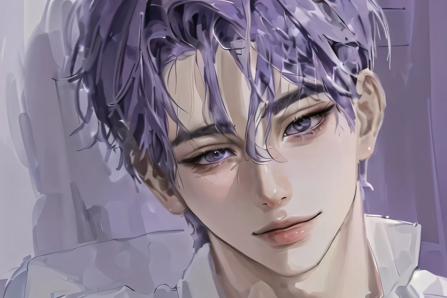 ((1bOy), beautiful face, (purple hair, short hair:1.3), beautiful hairstyle, beautiful detailed eyes, (realistic skin), beautiful skin, perfect smile