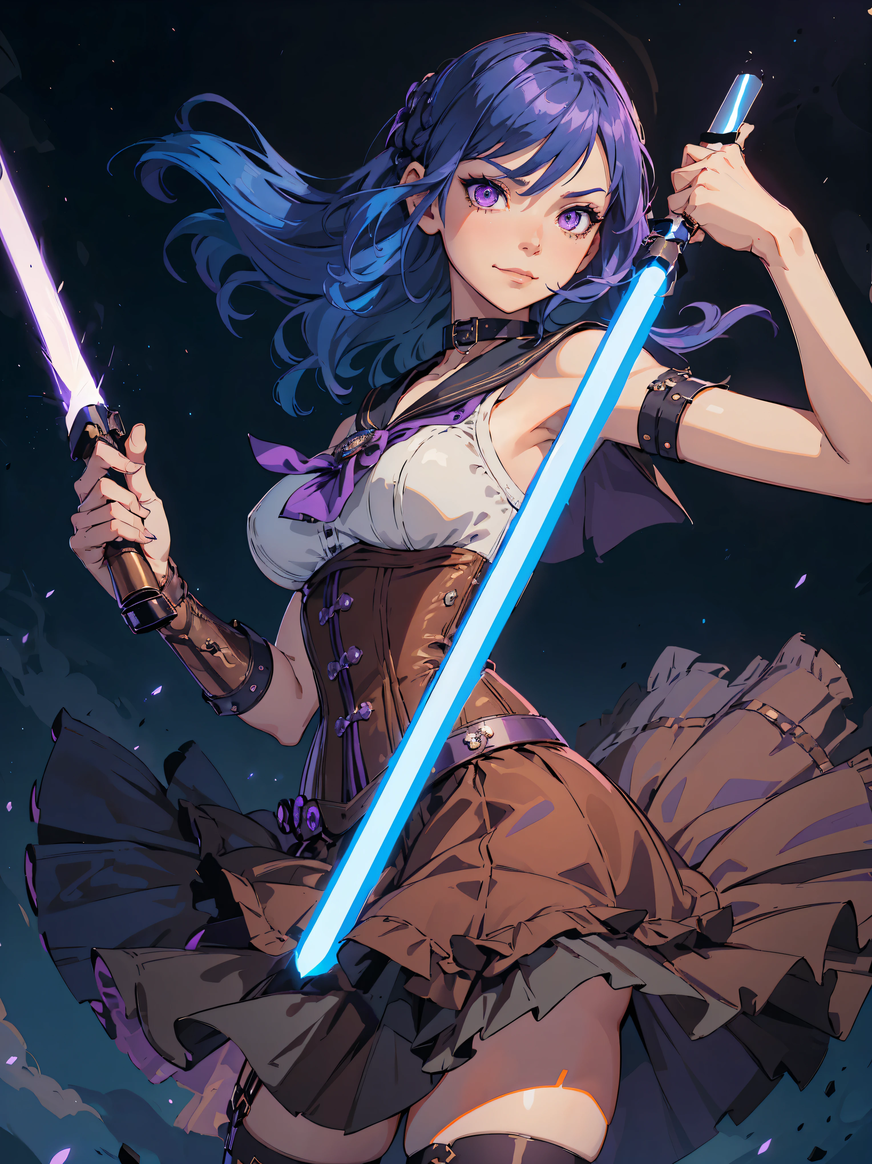 masterpiece, high quality, illustration, extremely detailed, standing, 1_women, (upper body), holding lightsaber, ((floating in the air)), (bright blue hair), medium length hair, cute bangs, flowing hair, (exotic skin_complexion:1.4),mature, tall, ((smirking)), (smirk), beautiful, exotic, elegant, slim, (((sailor collar))), black thigh highs, choker, medium bust, (brown steampunk corset), black ****ta style skirt, ((skirt blowing up)), knee high heels with laces, (sleeveless), (purple fingerless_gloves), making a fist, diamond shaped eyes, (((purple eyes))), dark_eyeliner, long_eyelashes), natural dynamic lighting, steampunk, in space, ultra-detailed, 