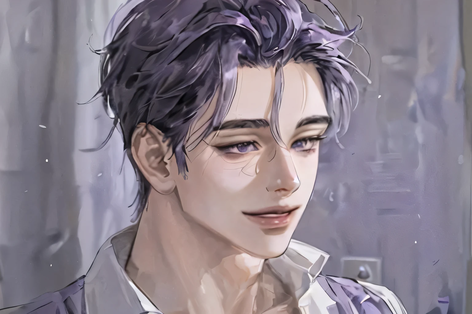 ((1bOy), beautiful face, (purple hair, short hair:1.3), beautiful hairstyle, beautiful detailed eyes, (realistic skin), beautiful skin, perfect smile