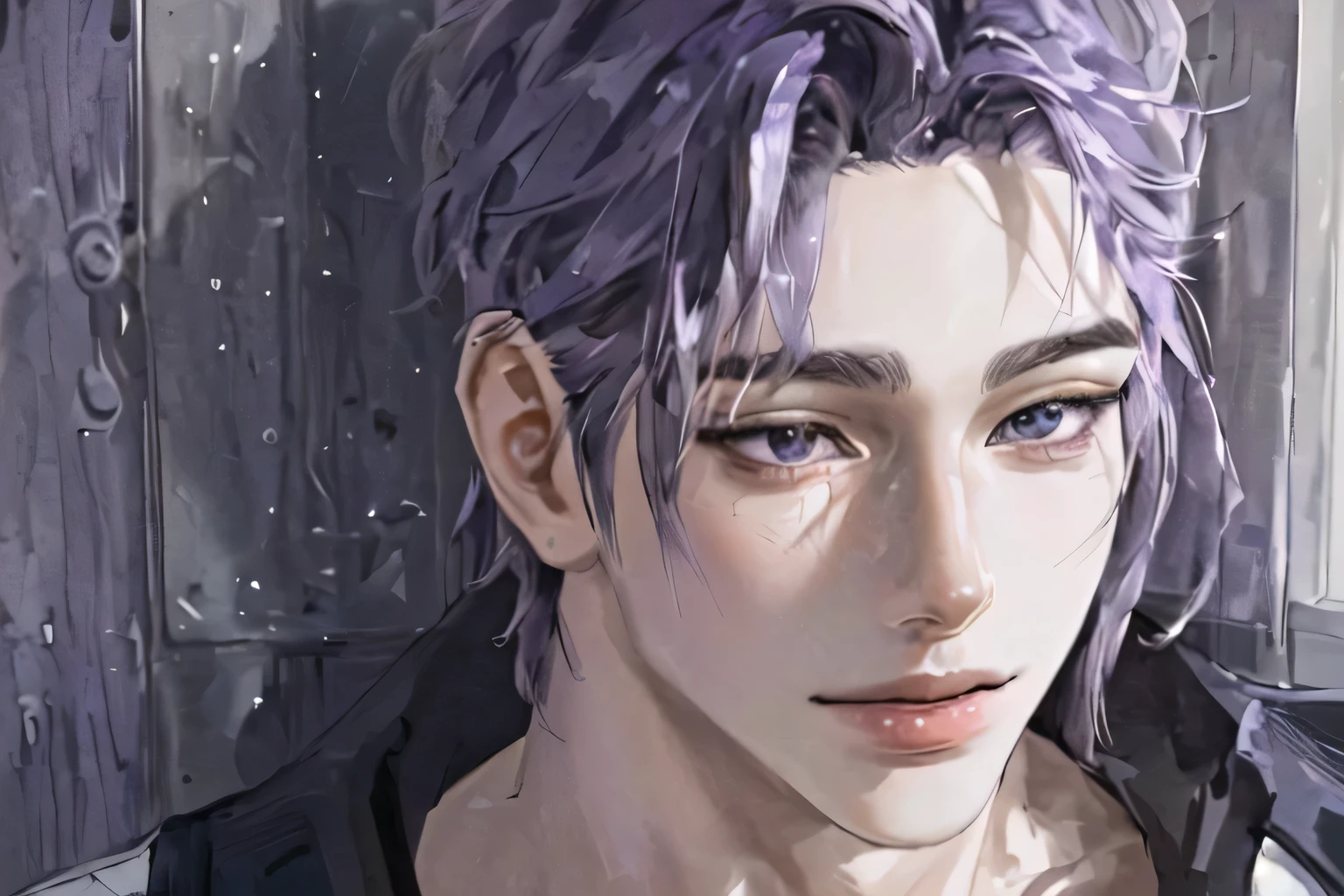 ((1bOy), beautiful face, (purple hair, short hair:1.3), beautiful hairstyle, beautiful detailed eyes, (realistic skin), beautiful skin, perfect smile