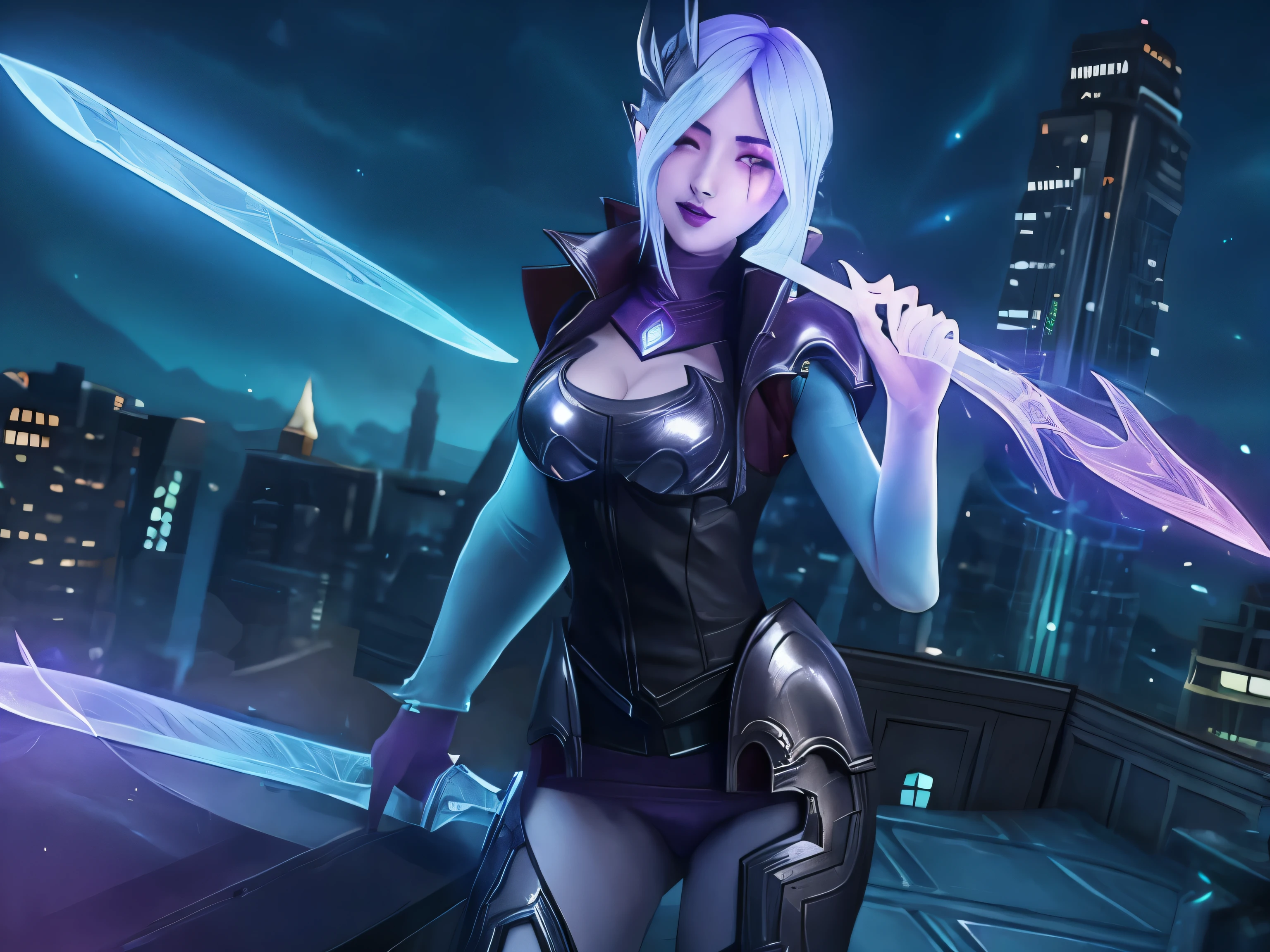 Katarina from league of legends standing ontop of a rooftop, at nighttime with a dark purple sky and ,glowing white eyes, With Magical faeries surrounding her 