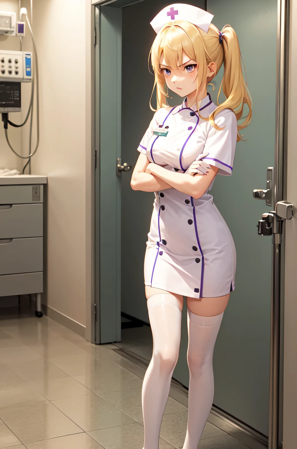 1girl, solo, nurse, nurse cap, white nurse uniform, ((white legwear, zettai ryouiki)), white gloves, twintails, yellow hair, purple eyes, angry, crossed arms, standing, ((hospital room)), sharp outline, short sleeves, best quality, masterpiece