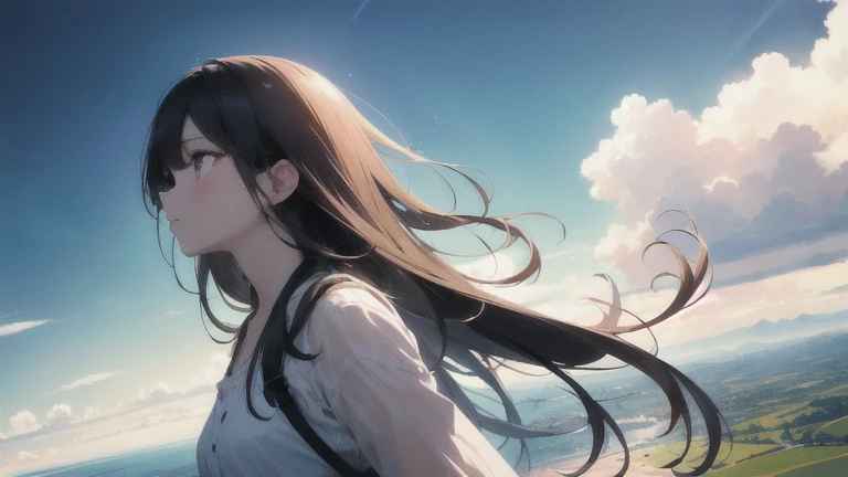 Absurd, High resolution, (Official Art, beautifully、aesthetic:1.2), Close-up,
Bright Sky, A vast world, girl, stare, Awe-inspiring expressions, Distant Horizon, cloud, High Hill, Natural Beauty, Inspiration, Light effects,