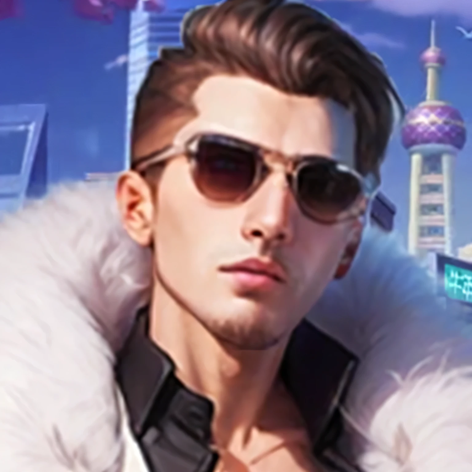 A man in a fur coat、Man wearing sunglasses standing in front of the city, XQC, kieran yanner&#39;s style, cai xukun, User Photos, heise jinyao, Sakimichan, Sakimichan frank franzzeta, Jody Herrol, Mongol Khan, Anton Fadeev&#39;s style, Avatar pictures, inspired by Wuzhun Shifan