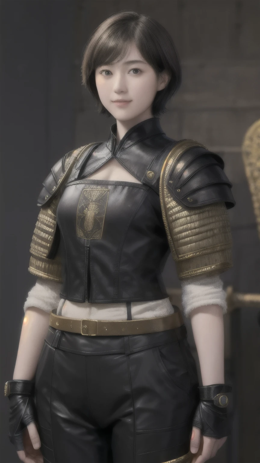 223 Short Hair, 20-year-old woman, A kind smile, (Luxurious stables), (Rembrandt-style painting), ((machinery suit,Clothes with short sleeves)),I can see your abs