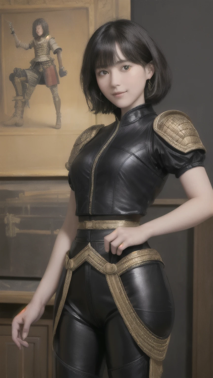 223 Short Hair, 20-year-old woman, A kind smile, (Luxurious stables), (Rembrandt-style painting), ((machinery suit,Clothes with short sleeves)),I can see your abs