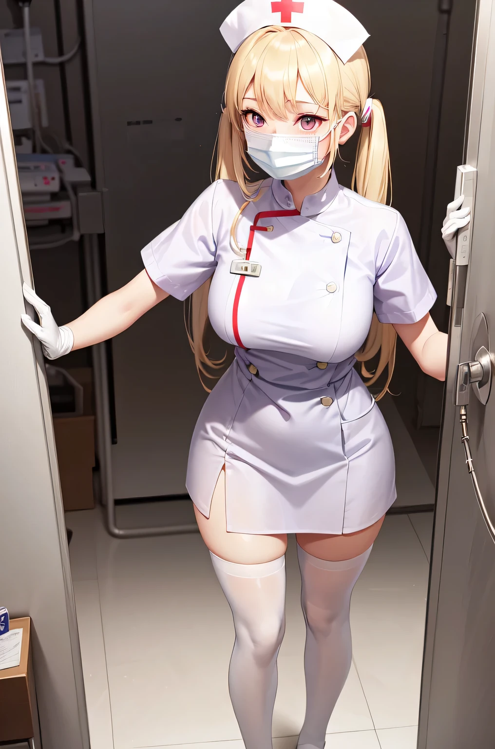 1girl, solo, nurse, nurse cap, white nurse uniform, ((white legwear, zettai ryouiki)), white gloves, twintails, yellow hair, purple eyes, ((white surgical mask, covered nose)), standing, ((hospital room)), sharp outline, short sleeves, best quality, masterpiece