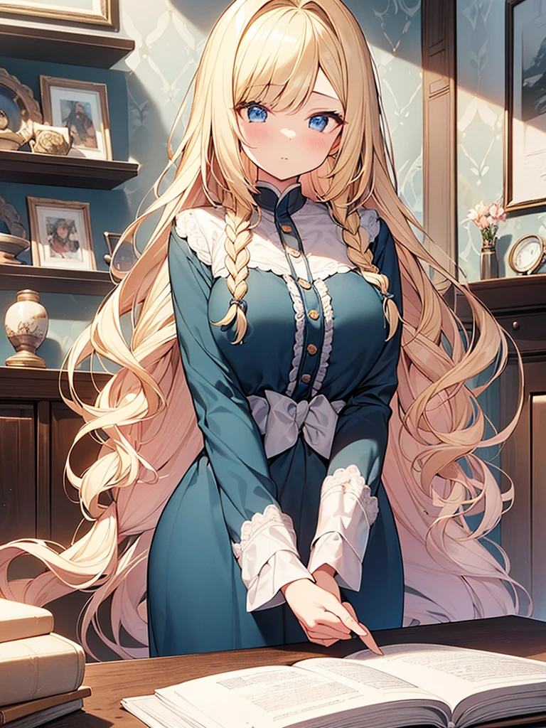 Tabletop, highest quality,figure, wallpaper, Super detailed, Absurd beauty、((1 beautiful girl、16 years old))、(Blonde、Long Hair、Braided hair、Wavy Hair、Very large breasty Room、Be absorbed in reading、Casual attire、Loungewear