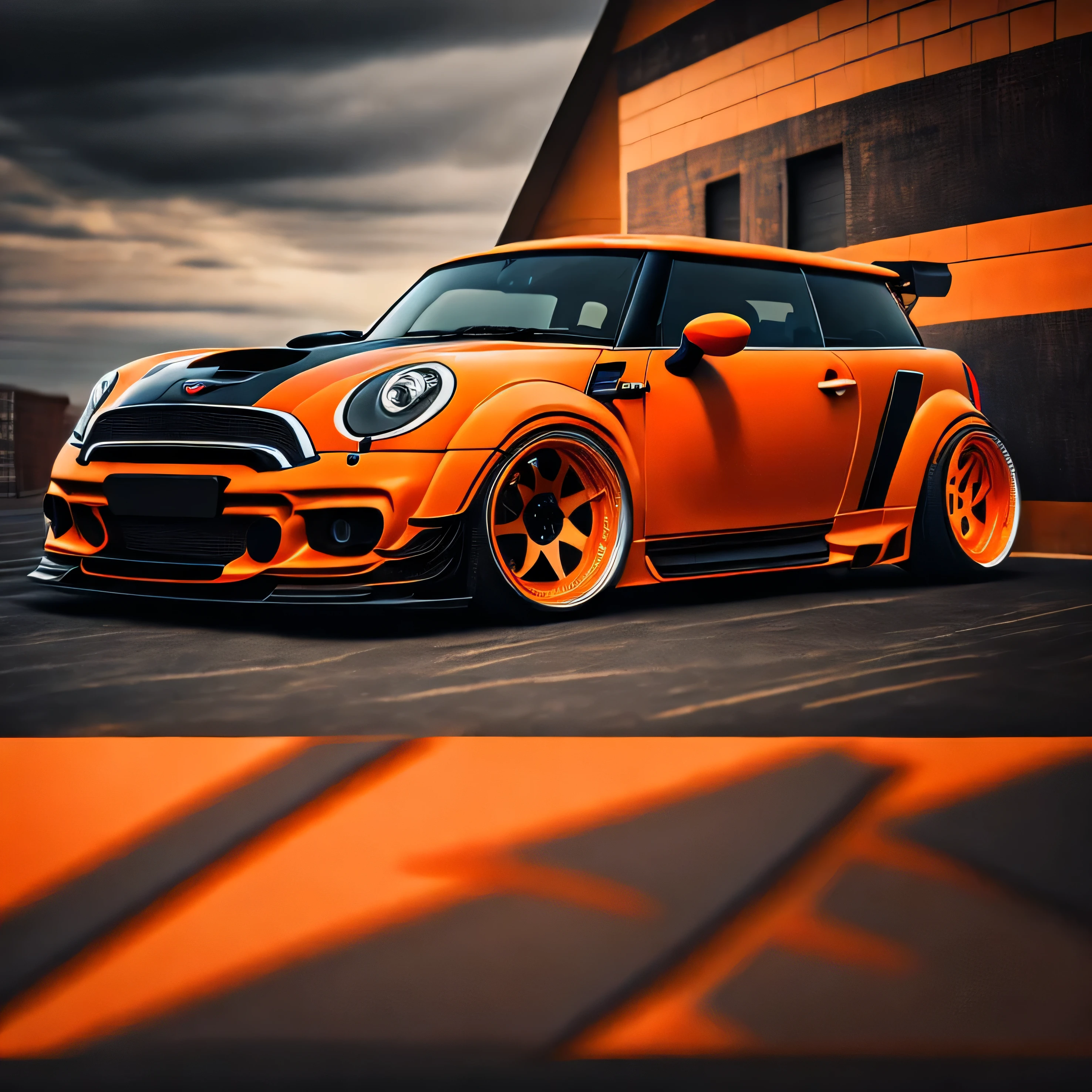 Artwork for t-shirt graphic design, bright orange coloured F56 Mini Cooper S in tunnel design, ((carbon fibre, Liberty walk ultra wide body kit)), aggressive stance ((background: racetrack, outside old industrial style building, large windows in background, overcast sky, heavy industrial look, cobble stone street)), 8K quality, realistic, realism, sharp, detailed, ultrawide, black and carbon fibre and deep candy orange colour scheme, front profile, epic stance, epic ultra wide body kit, super low stance, aggressive looks , street, background vintage pastel tone, highly detailed clean, vector image, realistic masterpiece, professional photography, realistic car, car sunrise background, flat black background, isometric, vibrant vector