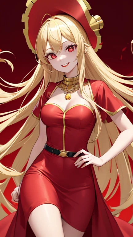 Beautiful anime girl, solo, 1girl, looking at viewer, cute,beautiful, red eyes, long hair, open hair, blonde hair, wearing a strawhat, one piece, smiling, smooth skin, light skin, red lips, anime, best quality, masterpiece, extremely detailed, 4k, red eyes, beautiful red eyes, detailed face, detailed eyes, red dress, golden belt, golden necklace, golden earings, standing, fiery background, stable eyes, extremely beautiful, highres, high quality eyes, pirate