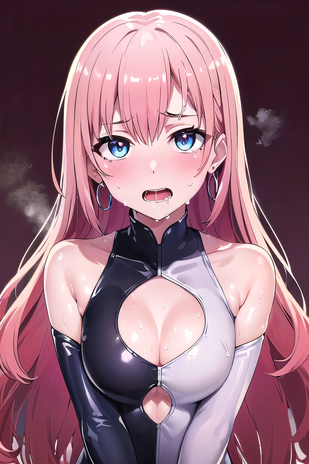 (8K, top-quality, masterpiece:1,2), (reallistic, Photorealsitic:1.37), Super Detail, One girl,), (Highly detailed), (beautifully detailed eyes), (of the highest quality), (super detailed ), (masterpiece), (Detailed face),20yr old, ,1 girl, ((pink hair,long hair)), medium breasts, clothed, Perfect Lighting, BREAK, (cut-out glossy bodysuit:1.5), (midnight green:1.3), (satin:1.2), (shiny:1.3), (white lines:1.2), (shoulder cut-outs:1.2), (chest cut-outs:1.2), (tight-fitting:1.2), (silver chain necklace:1.2), (silver hoop earrings:1.2), (blue suede pumps:1.2), BRAKE, (high quality:1.5), (upper body and thighs:1.3), (long wavy pink hair:1.3), (mysterious smile:1.2), (downcast eyes:1.2), (looking at viewer:1.2), (hands in front of chest:1.2), (one leg forward:1.2), (tiptoes:1.2), (cutouts visible:1.2), (burgundy background:1.2), (dramatic lighting:1.2), BRAKE (sweat:1.5), (steam:1.2), (girl trembling with sexual climax:1.1), (looking at viewer:1.3), ahegao, (open mouth, drool:1.2)