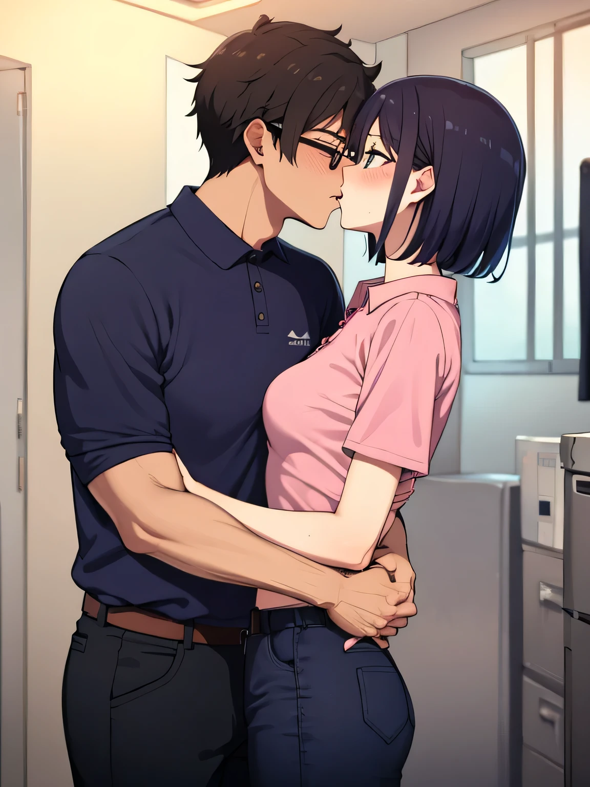 Standing, Reluctant, Running away, Having trouble, Being caught, Green eyes, Wearing a hot pink polo shirt, Black trousers, Adult woman wearing glasses, The exact number of fingers、 Exact number of legs、Exact number of arms、, Short hair Black hair, (blush:1), (Small breasts:1),highest quality, High resolution,Highly detailed face, Extremely detailed CG, (Perfect hands, Perfect Anatomy),Hospital, examination room, dynamic angle, forced kiss, hug, deep kiss, lots of drool, sexual harassment, humiliation, multiple men