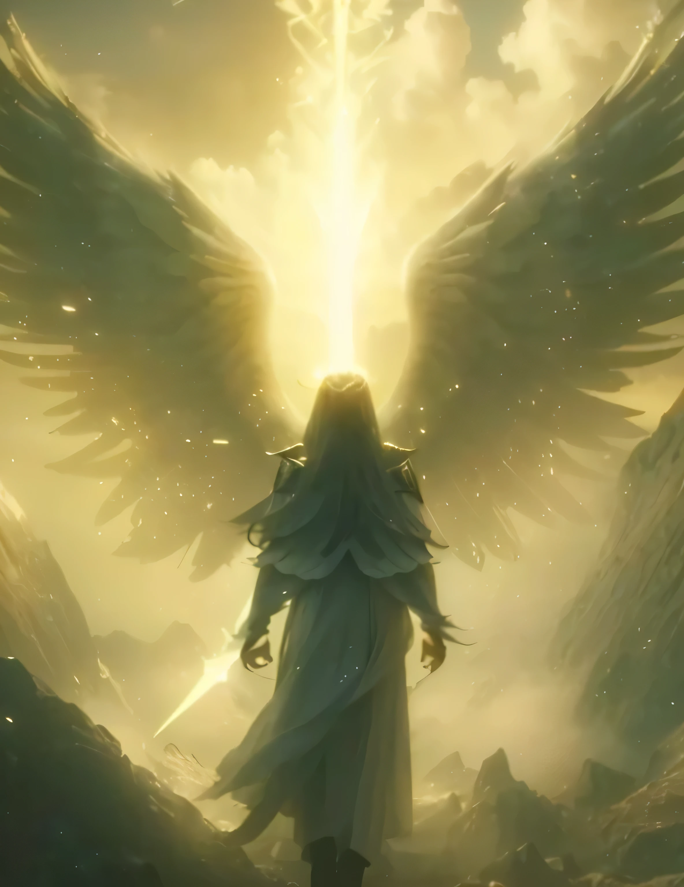 a close up of a person standing in front of a light, epic angel wings, high angel distant shot, shadowbringers cinematic, to fathom hell or soar angelic, archangel, the angel of death with a halo, old testament angel, biblical epic movie, an angel of the dawn light, unreal engine render saint seiya, big angel wings wide open