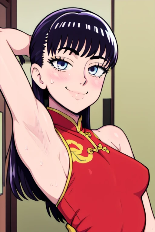 masterpiece, best quality, akira tachibana, looking at viewer, very small breasts, upper body, portrait, seductive smile, put your hands behind your head, armpits, armpits visible, sweaty armpits, wearing red chinese dress, 