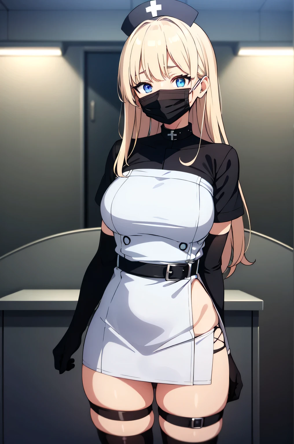black nurse, 1woman, solo, black nurse cap, black nurse uniform, ((black legwear, zettai ryouiki)), black elbow gloves, blonde hair, blue eyes, ((black surgical mask, covered nose)), standing, ((surgery room)), sharp outline, short sleeves, mature female, 35 years old, best quality, masterpiece