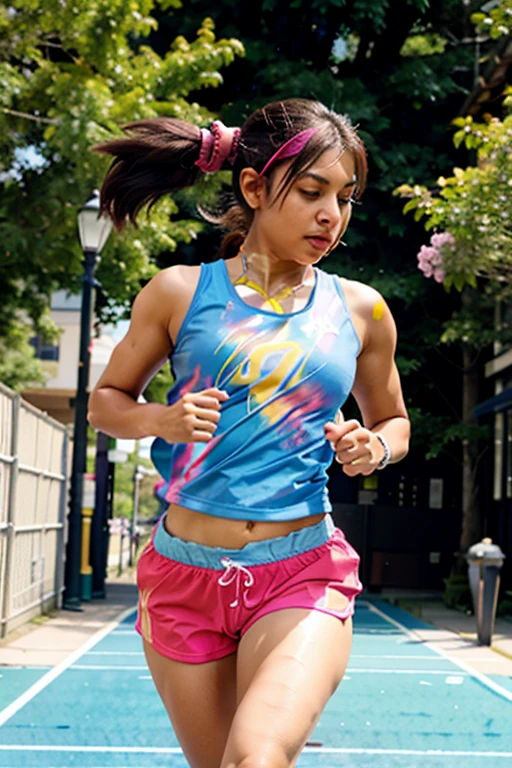 busty indian 1 girl, solo, running, Gray Track Top, pink shorts, ponytail, athletic build, dynamic brushstrokes, fluid movement, capturing the essence of her athleticism and energy, using light colors and soft tones to create a dreamy and ethereal atmosphere, portraying the motion and grace of running, showing the wind blowing her ponytail and clothes, and the scenery of her surroundings. outdoors, detailed background, Modern metropolis,