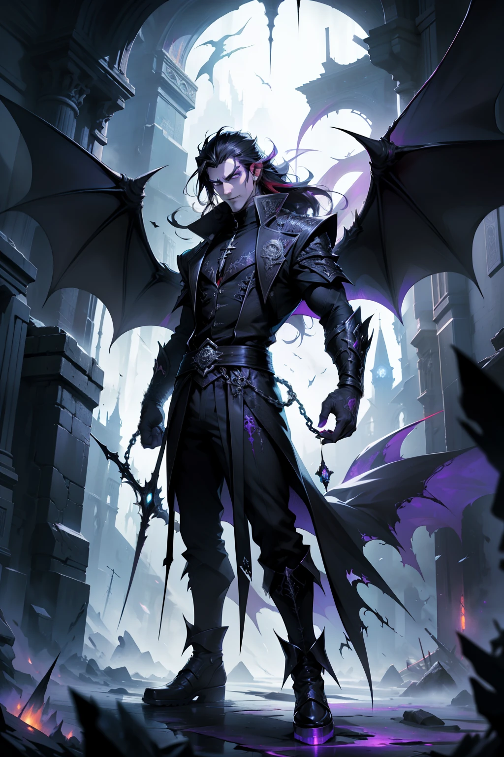 1 Handsome vampire Man,Rainbow pupils,Thick eyebrows,half black hair, Half head of red hair,ultra - detailed,(s fractal art:1.4), rich colourful, detailed back ground,(Fractals in the background:1.2),Chaos and order,Black and purple, darkness, demon,the highest demon,Big black vampire wings,Vampire, full body, cross hand, long sharp nails , hight contrast, Ray traching, cinmatic lighting, (Start from the front:0.6)