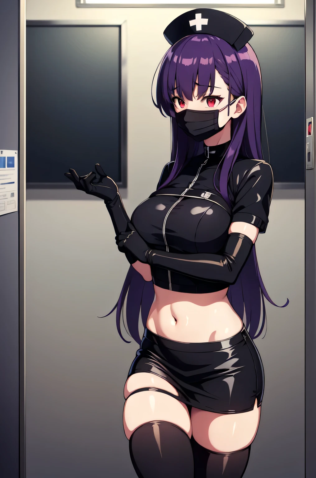 black nurse, 1woman, solo, black nurse cap, black nurse uniform, ((black legwear, zettai ryouiki)), black elbow gloves, long hair, purple hair, red eyes, ((black surgical mask, covered nose)), standing, ((surgery room)), sharp outline, short sleeves, mature female, 35 years old, best quality, masterpiece