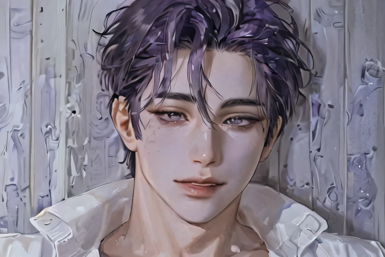((1bOy), beautiful face, (purple hair, short hair:1.3), beautiful hairstyle, beautiful detailed eyes, (realistic skin), beautiful skin, perfect smile, realistic.