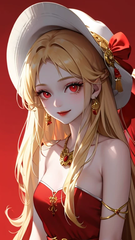 Beautiful anime girl, solo, 1girl, looking at viewer, cute,beautiful, red eyes, long hair, open hair, blonde hair, wearing a strawhat, one piece, smiling, smooth skin, light skin, red lips, anime, best quality, masterpiece, extremely detailed, 4k, red eyes, beautiful red eyes, detailed face, detailed eyes, red dress, golden belt, golden necklace, golden earings, standing, fiery background, stable eyes, extremely beautiful, highres, high quality eyes, pirate