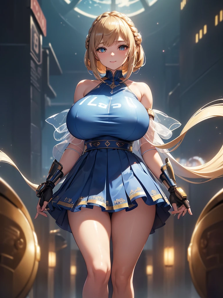 (((masterpiece))), (((best quality))), ((ultra-detailed)), (illustration), ((an extremely delicate and beautiful)), ((super detail)), ((high resolution)), (((20 years old))), metallic cloth, (cheerleader), (android), delicate metal decorations, gleaming skin, shiny body, two legs, breast focus, (((tall))), slender legs, ((big round eyes)), cute eyes, drooping eyes, ((adult)), two hands, five fingers, no extra hands, elegant smile, braid, ((metallic blue)), (see-through), (dark blonde), ((ultra-huge breasts)), (shining brightly), outdoor, mini skirt, daytime, ((biopunk)), (hair shorter than shoulder), (medium length hair), gynoid,