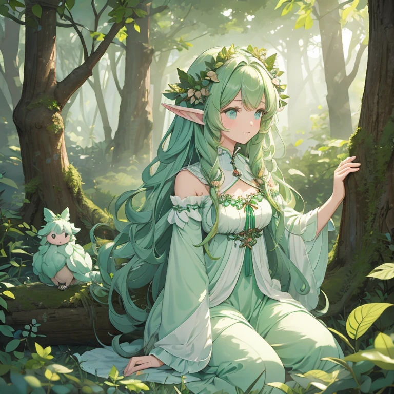 1 Female、Dryad Woman、Mint green outfit、Fluffy curly hair、Mint green background、Small animals in the forest、Kindness and inclusive atmosphere