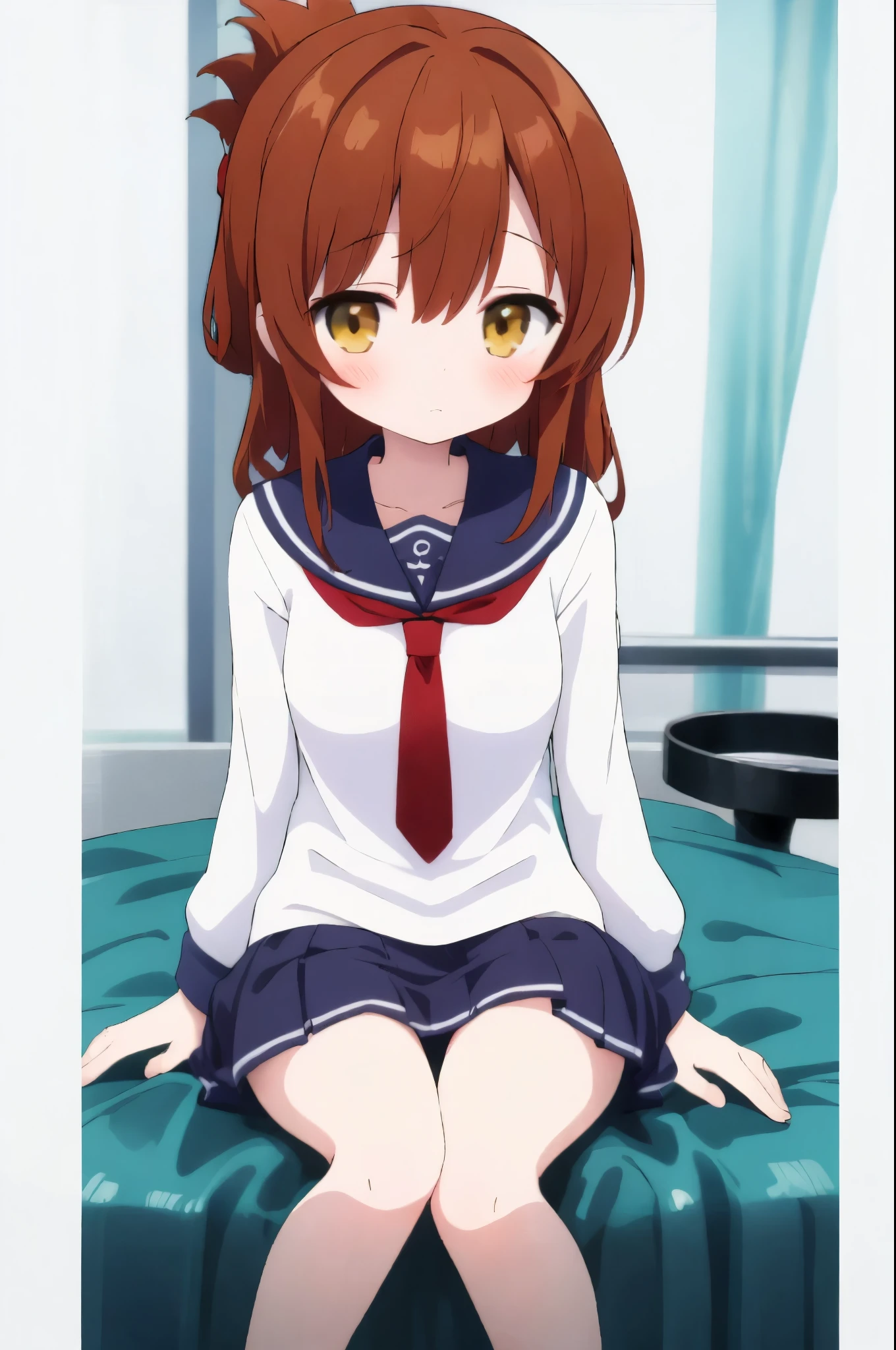 An unwell high school girl wearing a miniskirt sailor suit in the health room(masterpiece, best quality:1.2),illustration,8k,hd,1girl,solo,upper body,(portrait:1.2),brown_hair,folded_ponytail,brown_eyes,serafuku,long_hair,school_uniform,skirt,pleated_skirt,