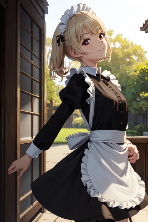 masterpiece, best quality, ultra detailed, highres, extremely detailed CG unity 8k wallpaper, perfect lighting,  very detailed background, Outdoor、beautiful and aesthetic,sharp focus, perfect face, Perfect hands、Perfect Fingers、Perfect toes、Five fingers、
1lady、 smiling、
Short blonde, large red eyes、delicate oval face、(flat chest:1.2)、Looking up at the viewer、
(Black maid outfit:1.5)、Ambient light、Volumetric Light、shoot from side、(Glowing Skin:1.3)