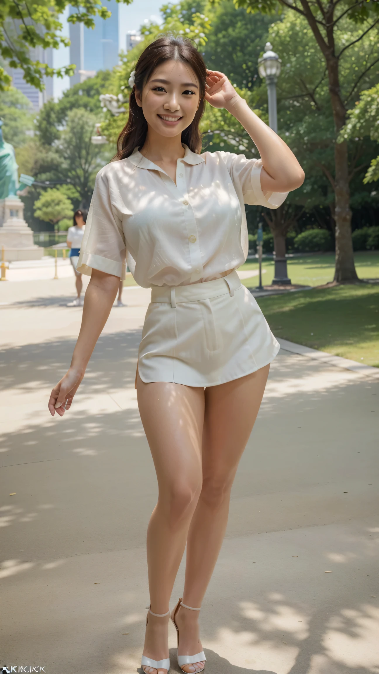 (best quality,4k,8k,highres,masterpiece:1.2),ultra-detailed,(realistic,photorealistic,photo-realistic:1.37),bright sunny day,park scene,Japanese beauty with stunning legs(wearing a white blouse and heels),leisurely walking the Statue of Liberty with a big grin on her face,sweating profusely on her beautiful legs