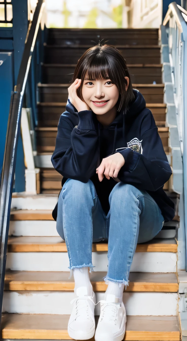 highest quality, Realistic, Very detailed, Finer details, High resolution, 8k wallpaper, One beautiful woman,Sit on the stairs、smile、(Black socks) Oversized hoodie, Skinny jeans,( sneakers)、Black Hair、 Beautiful Bangs、Short Haircut、ear piercing、Perfect dynamic composition, Beautiful and detailed, Full Body Shot, A big smile waiting to start