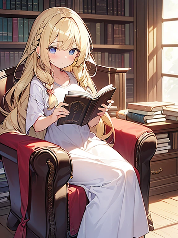 Tabletop, highest quality,figure, wallpaper, Super detailed, Absurd beauty、((1 beautiful girl、))、(Blonde、Long Hair、Braided hair、Wavy Hair、Very large breasty Room、sitting in a chair reading、Focus on books、Casual attire、Summer clothes、Loungewear