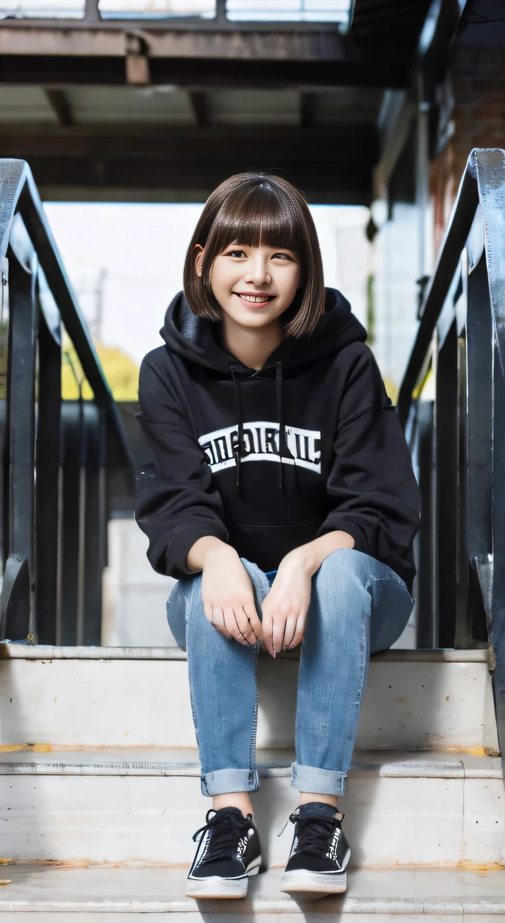 highest quality, Realistic, Very detailed, Finer details, High resolution, 8k wallpaper, One beautiful woman,Sit on the stairs、smile、（Black socks） Oversized hoodie, Skinny jeans,（ sneakers）、Black Hair、 Beautiful Bangs、Short Haircut、ear piercing、Perfect dynamic composition, Beautiful and detailed, Full Body Shot, A big smile waiting to start
