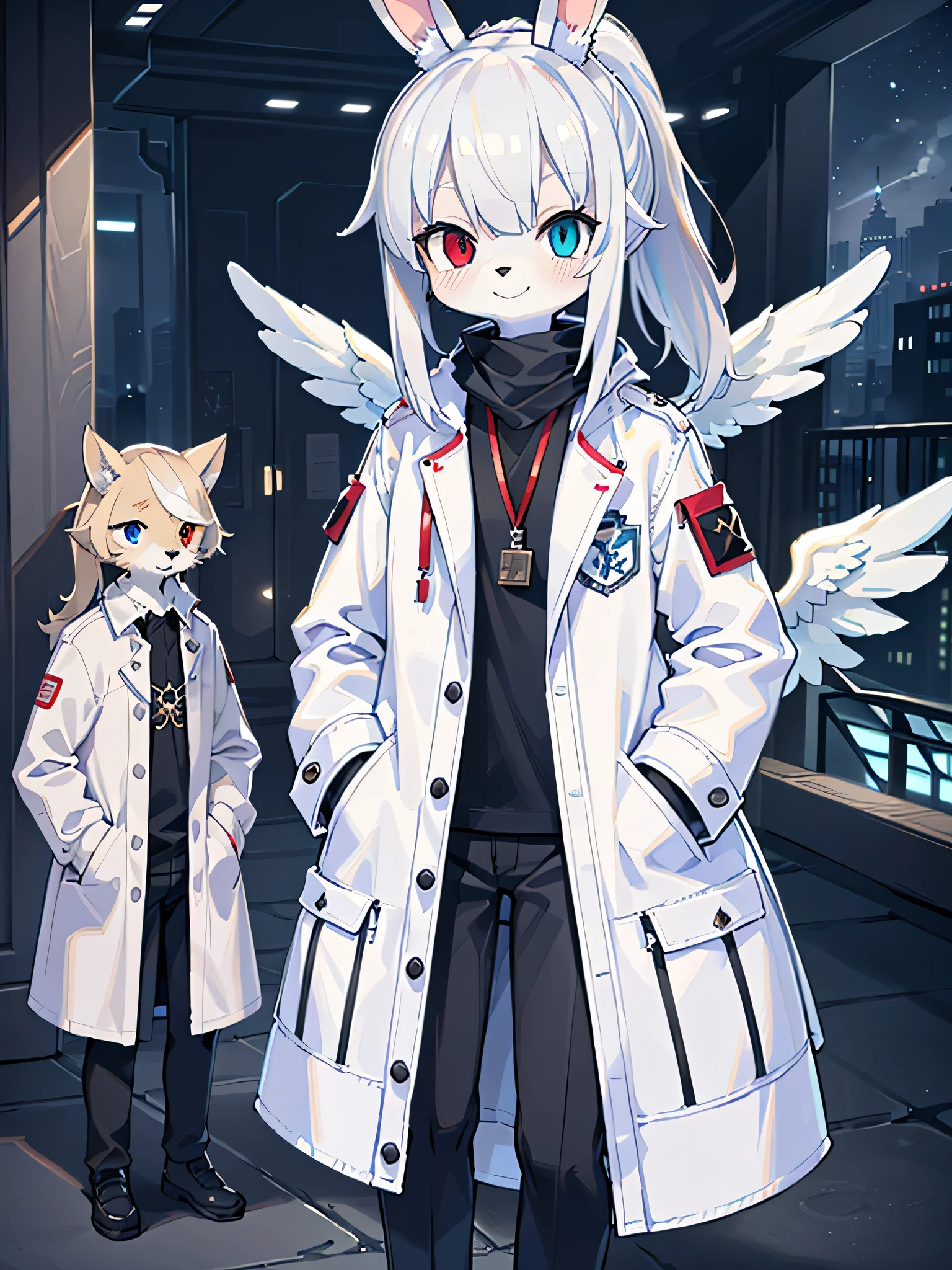 (((masterpiece, highest quality))), Intricate details, 8k, White rabbit ears, (((One Man))), Slim figure, anime, expensive, white hair color, White coat, Good black pants, furry, In the middle, Heterochromia, blue eyes, Red eyes, ponytail, heaven, smile, White clothes, ((Large white angel wings growing)), Hands in pockets