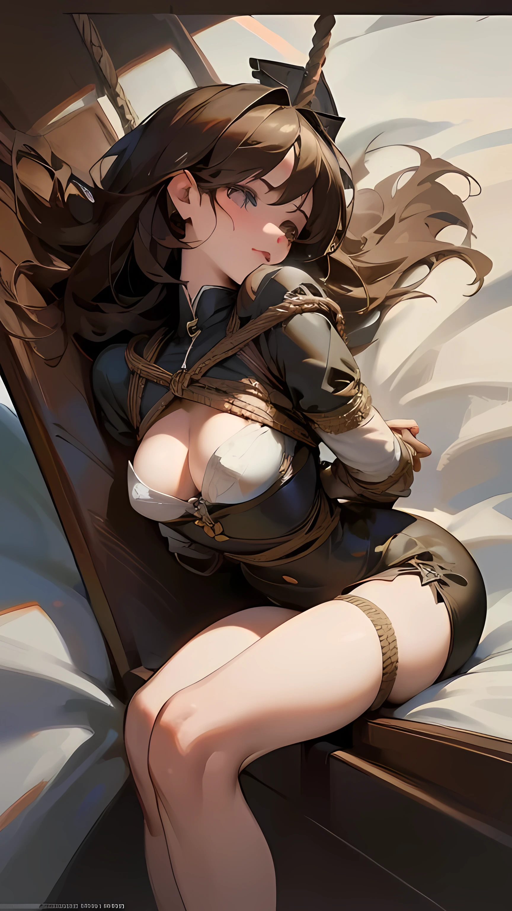 ((best quality)), ((masterpiece)), (detailed),high resolution, perfect face, perfect composition, hyperrealistic, super detailed, detailed eye, 8k, high quality, trending art, trending on artstation,beautiful girl charming, sleep, sexy breasts, Astride legs tied to ropes, (bondage), horny face, stimulating face, passionate eyes, passionate mouth