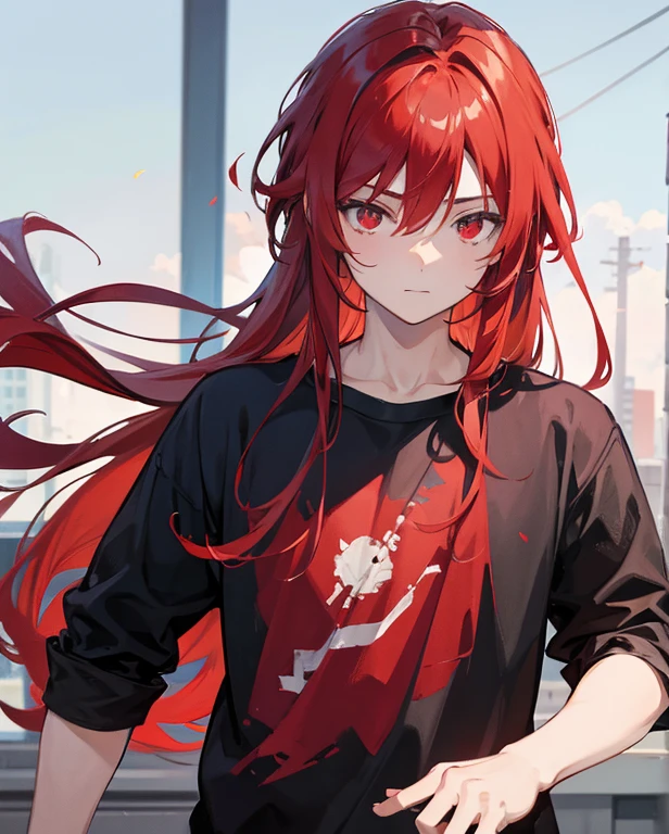 1boy, solo, red hair, long hair, red eyes, casual clothing