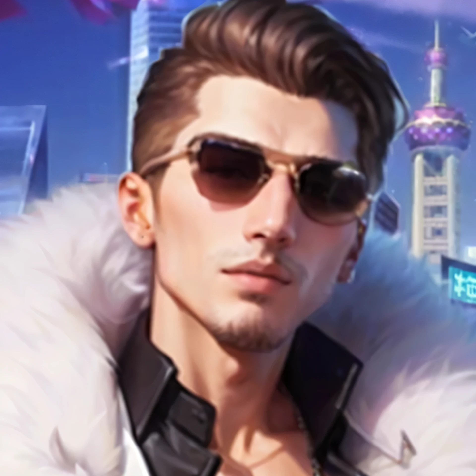 A man in a fur coat、Man wearing sunglasses standing in front of the city, XQC, kieran yanner's style, cai xukun, User Photos, heise jinyao, Sakimichan, Sakimichan frank franzzeta, Jody Herrol, Mongol Khan, Anton Fadeev's style, Avatar pictures, inspired by Wuzhun Shifan