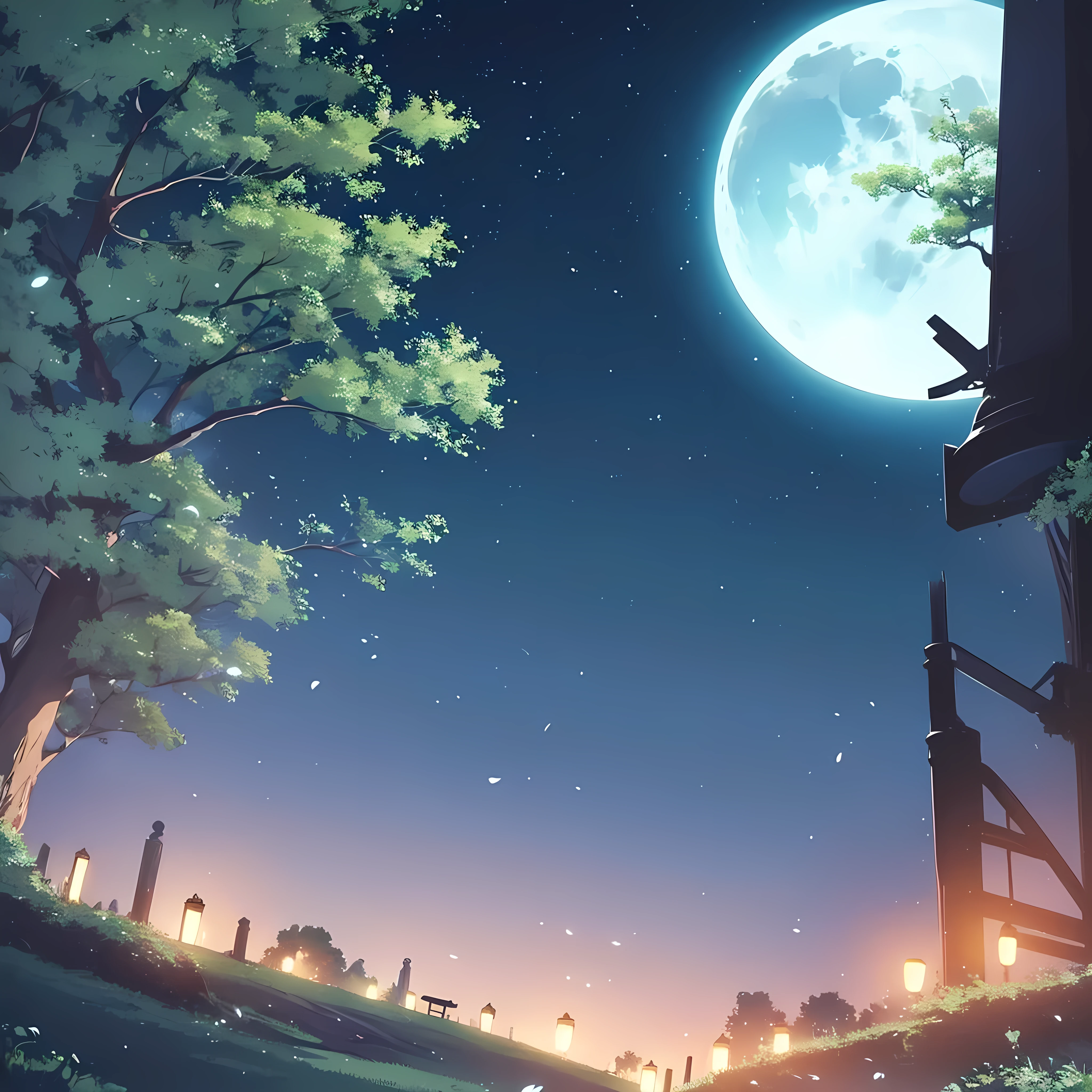 Night scenery with moon, A bright moon in the sky ( sem pessoas) e uma floresta no fundo, ceu negro, anime scenery, with ultra-realistic lines and details in high definition.