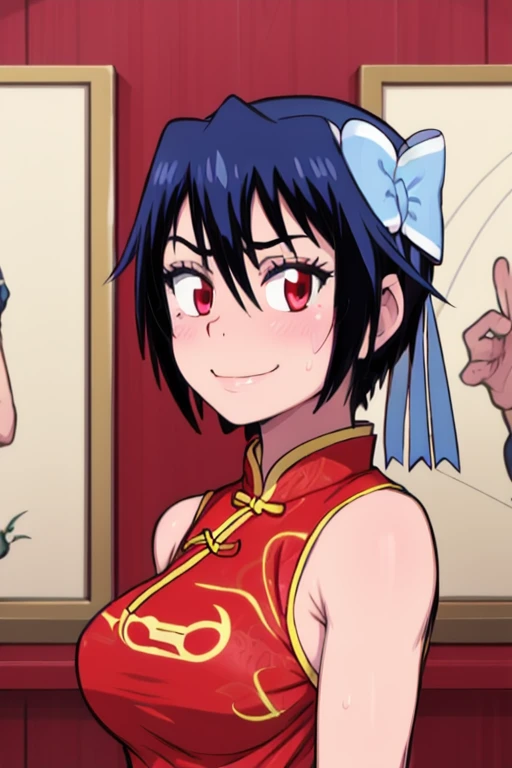 masterpiece, best quality, tsugumi seishiro, looking at viewer, large breasts, upper body, portrait, seductive smile, put your hands behind your head, armpits, armpits visible, sweaty armpits, wearing red chinese dress,