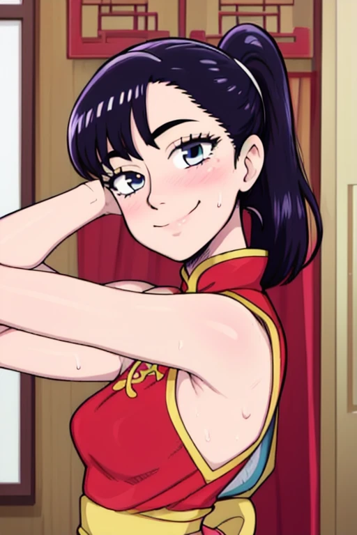 masterpiece, best quality, akira tachibana, looking at viewer, very small breasts, upper body, portrait, seductive smile, put your hands behind your head, armpits, armpits visible, sweaty armpits, wearing red chinese dress, ponytail hair