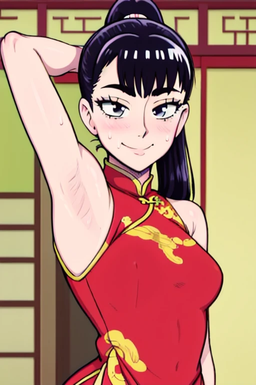 masterpiece, best quality, akira tachibana, looking at viewer, very small breasts, upper body, portrait, seductive smile, put your hands behind your head, armpits, armpits visible, sweaty armpits, wearing red chinese dress, ponytail hair