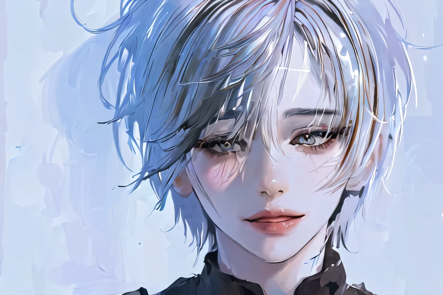 ((1girl), beautiful face, (white hair, short hair:1.3), beautiful hairstyle, beautiful detailed eyes, (realistic skin), beautiful skin, perfect smile