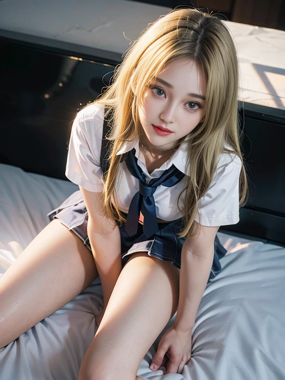 nsfw,Best Quality, Masterpiece, 1 Girl, Beautiful Face, (Photorealistic Photo:1.3), Rim Lighting, (High Detail Skin:1.2), 8K UHD, DSLR, High Quality, High Resolution, 4K, 8K, Bokeh , Absurdity, ( Real:1.3), A cute girl, (school uniform:1.3),long hair ,(blonde:1.2),small breasts, full body,slender body,smile,spread legs,showing panties,(lying on bed:1.2),(from above:1.3)