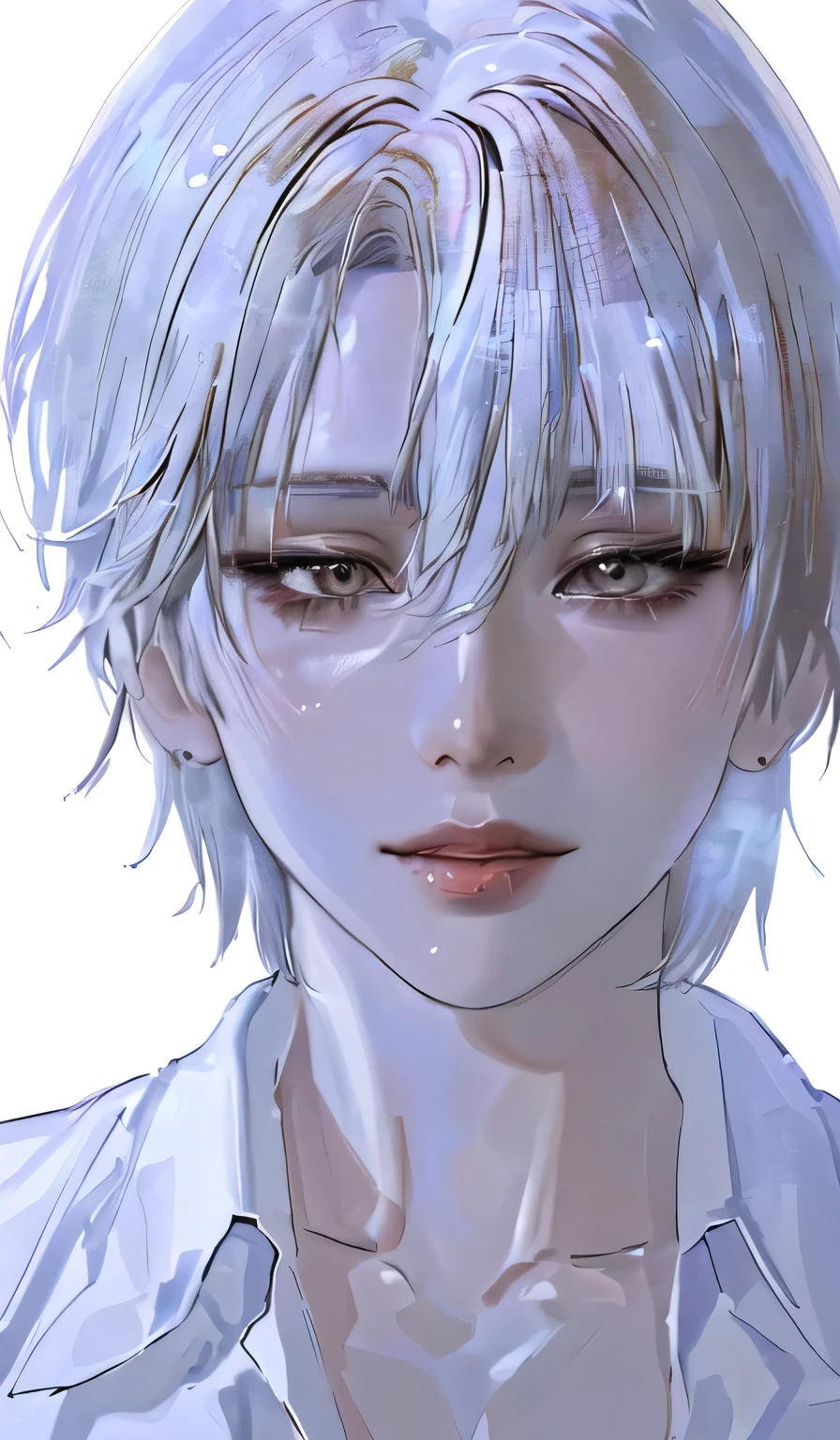((1girl), beautiful face, (white hair, short hair:1.3), beautiful hairstyle, beautiful detailed eyes, (realistic skin), beautiful skin, perfect smile