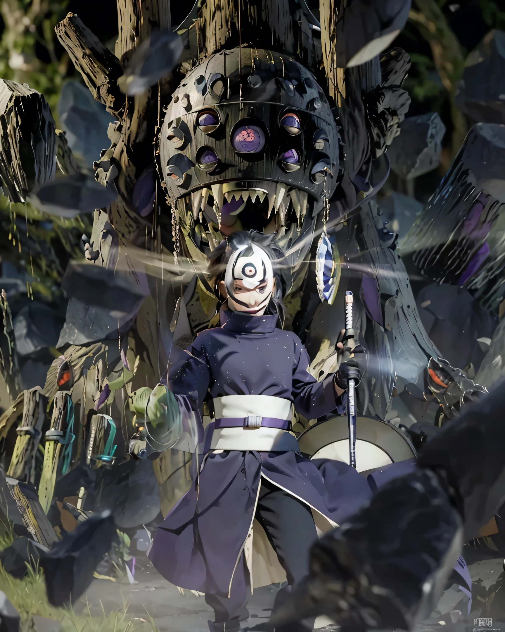 ( UCHIHA OBITO X JUUBI_NARUTO SHIPPUDEN),((realistic, photorealistic)),, Light reflection, (( HD )),((upper body)), (((best quality, masterpiece))), (masterpiece) (best quality) (detail) (8k) (HDR) (wallpaper) (cinematic lighting) (sharp focuasterpiece, best quality: 1.1), Real life adaption of this character, White Obito uchiha mask with sharingan and rinnegan eyes, Shining Purple eyes, realistic outfit, realistic shadow, realistic light, realism, hyper realistic, realistic background,(photorealistic:1.2), 1gman,Floating headband, juubi monster background with many eyes, motion blur flying rock fragments, flying rocks, black gloves, juubi monster summoner, uchiha Madara weapon blur foreground,Nine eye monster, open mouth juubi monster,Motion light blur, angry aura, flying rocks,smokes,Monsters with sharp and neat teeth,Tree monster texture, uchiha Madara weapon,Uchiha Obito White Mask,Flying rocks motion blur,Weapons are made of metal,Holding Uchiha Madara's weapon,