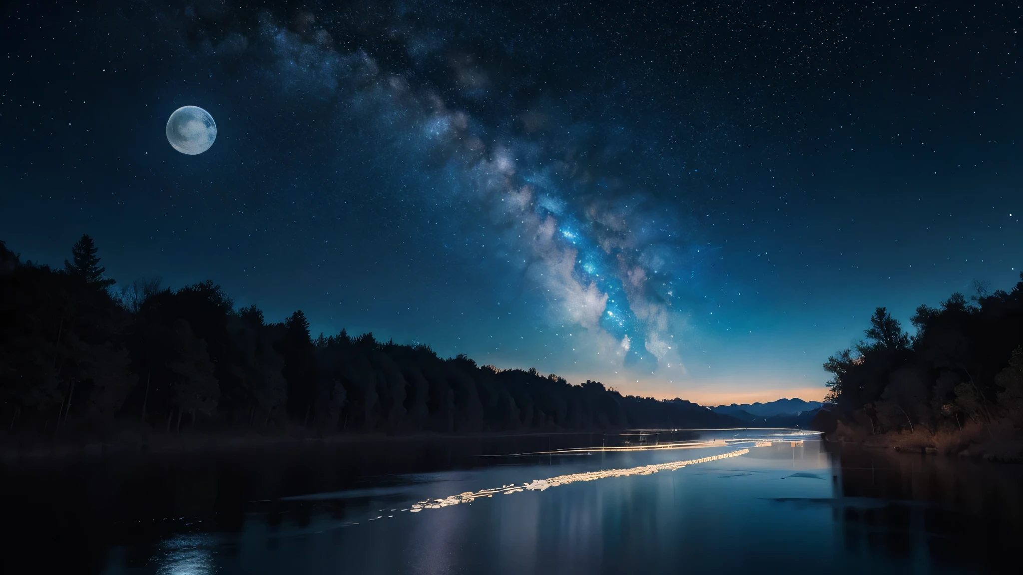 Painting of a river with stars and moon floating in the sky, Concept art inspired by Mitsuoki Tosa, pixiv Contest Winner, highest quality, Fantasy art, Beautiful anime scene, Bright Moon, Moonlight and Starry Sky Environment, Dream Painting, Anime Background Art, Fantasy Landscape Painting, Fantasy Night, Anime Background, Background artwork, Great art, Atmospheric anime, Starry Sky, Detail enhancements.