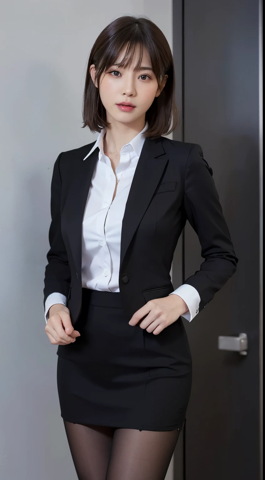 An elegant, upper-class, elite secretary in a business shirt, Working in the office、厳格なbusiness suitを着用する, Wearing pantyhose、Wear high-quality high heels、 Girl in a shirt, business suitを着用する, business suitを着用する, business suitを着て, Businesswoman, Business Attire, 黒のbusiness suitを着ている, Wear a shirt and skirt, business suitを着た女性, business suit, business attire, RAW Photos, (8k、highest quality、masterpiece:1.2)、(Intricate details:1.4)、(Photorealistic:1.4)、Octane Rendering、Complex 3D rendering with ultra-detail, Studio Soft Light, Rim Light, Vivid details, Super Detail, Realistic skin texture, Detailed aspect, Beautiful details in the eyes, Highly detailed CG Unity 16k wallpaper, compensate, (Detailed Background:1.2), Exposed thighs!!!,