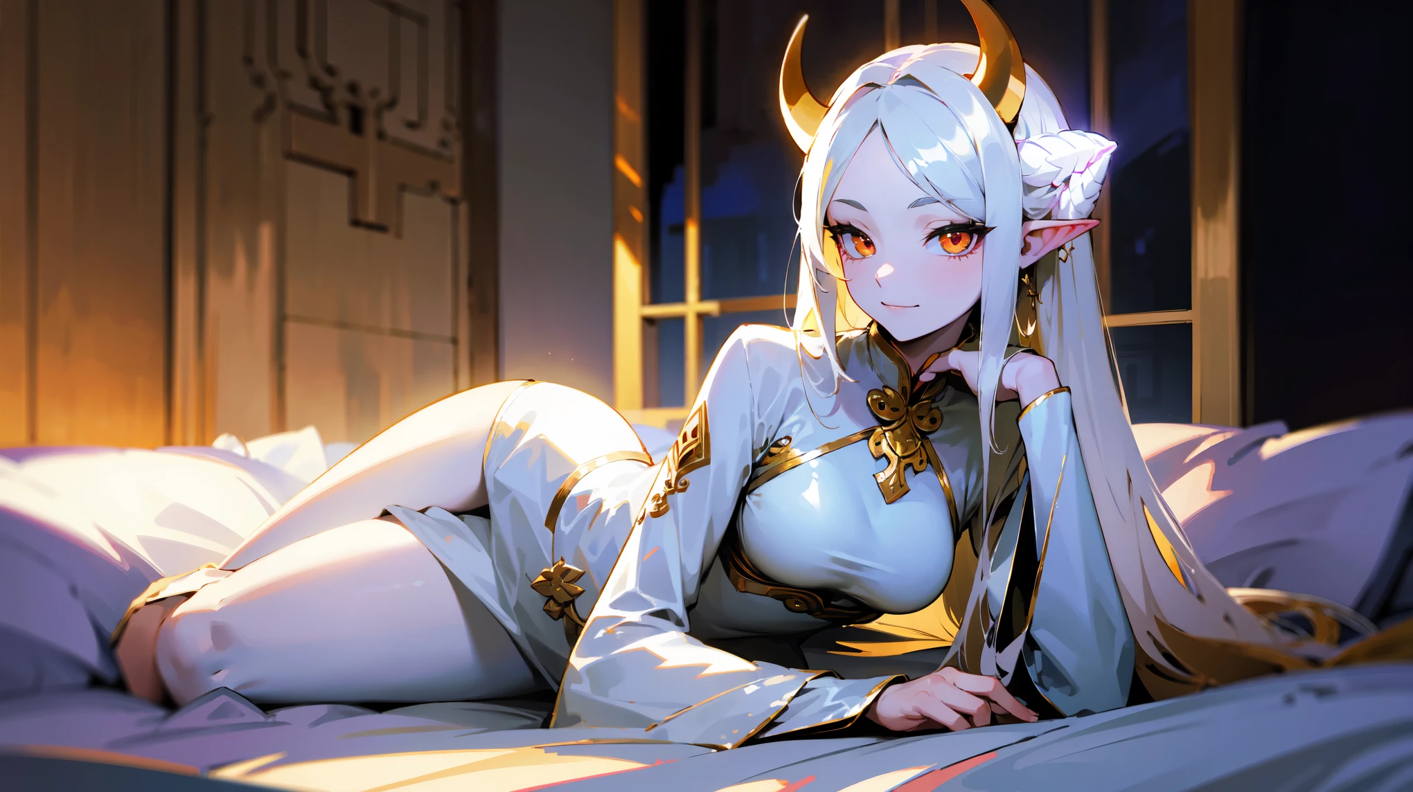 (best quality,highres,masterpiece:1.2),(flatten art:0.7), masterpiece, best quality, 1woman, Anime, darker environment, laying on bed, leaning with her hand, white horns, long straight white hair, white ao dai, (minimum clothes:0.7), pale skin, golden demon eyes, pointy ear, large breast, enticing, night, dark, looking at viewer, solo, faint moonlight, menacing smirks, close-up