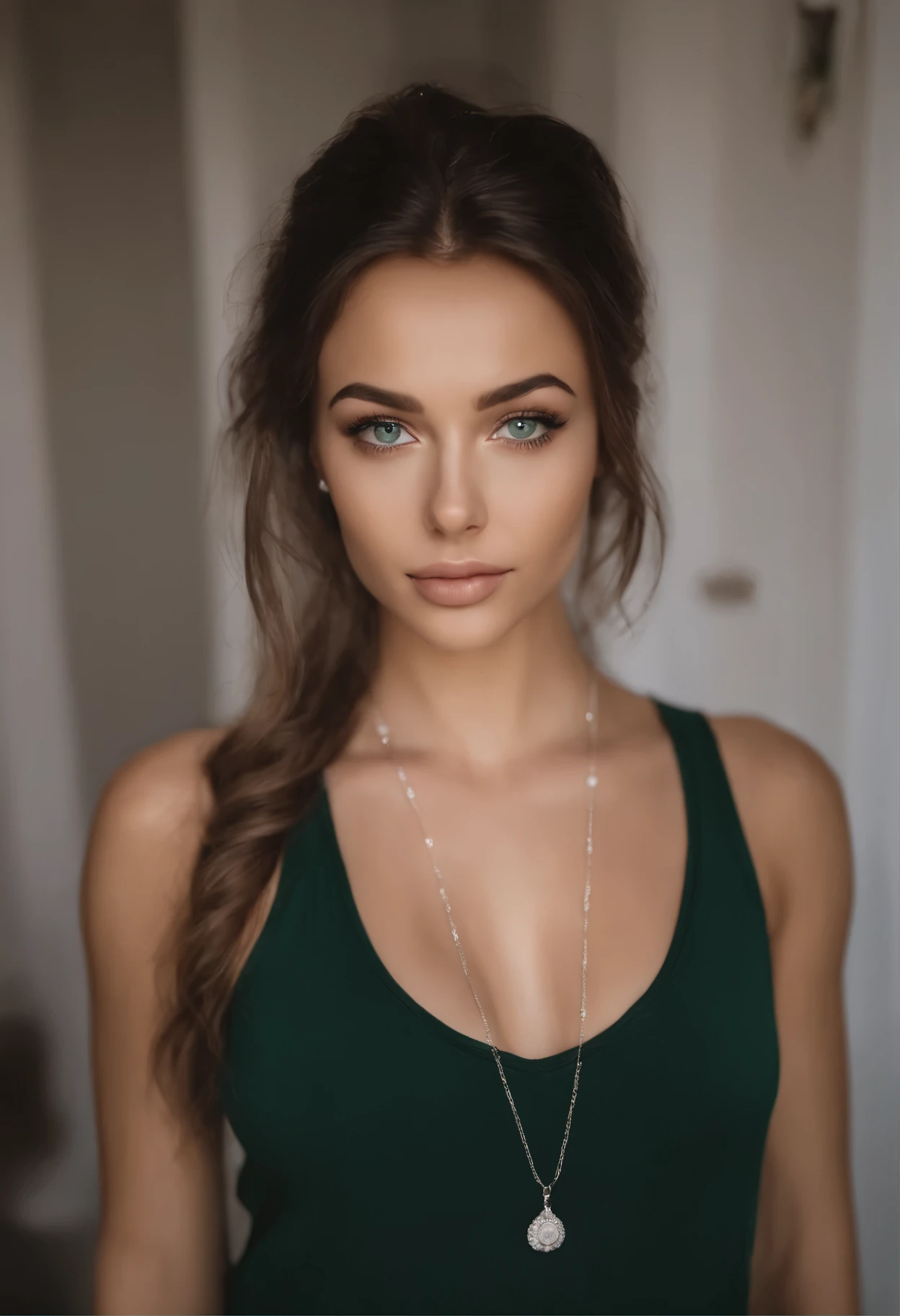 arafed woman with a white tank top and a necklace, sexy girl with green eyes, portrait sophie mudd, brown hair and large eyes, selfie of a young woman, bedroom eyes, violet myers, without makeup, natural makeup, looking directly at the camera, face with artgram, subtle makeup, stunning full body shot, piercing green eyes,completely naked show her