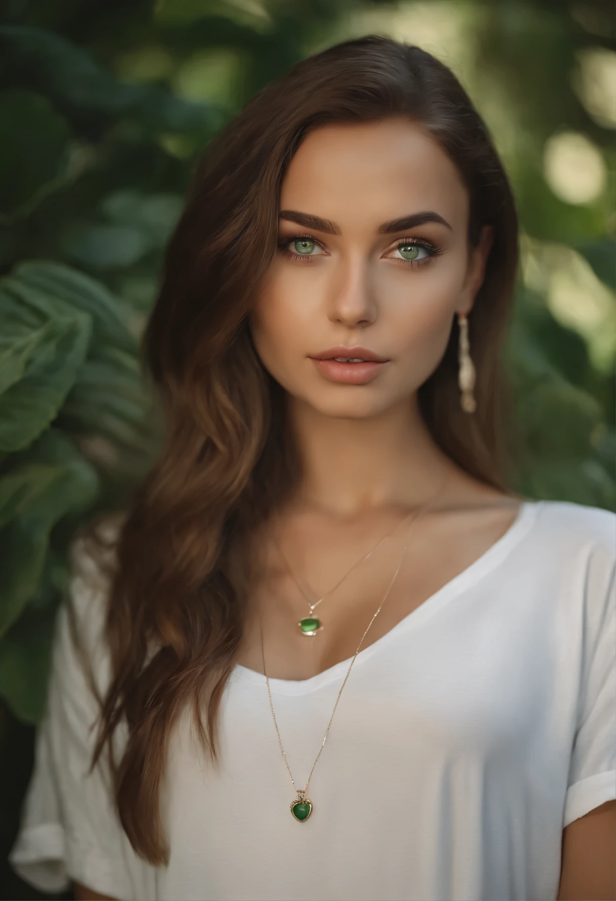 arafed woman with a white tank top and a necklace, sexy girl with green eyes, portrait sophie mudd, brown hair and large eyes, selfie of a young woman, bedroom eyes, violet myers, without makeup, natural makeup, looking directly at the camera, face with artgram, subtle makeup, stunning full body shot, piercing green eyes,completely naked show her